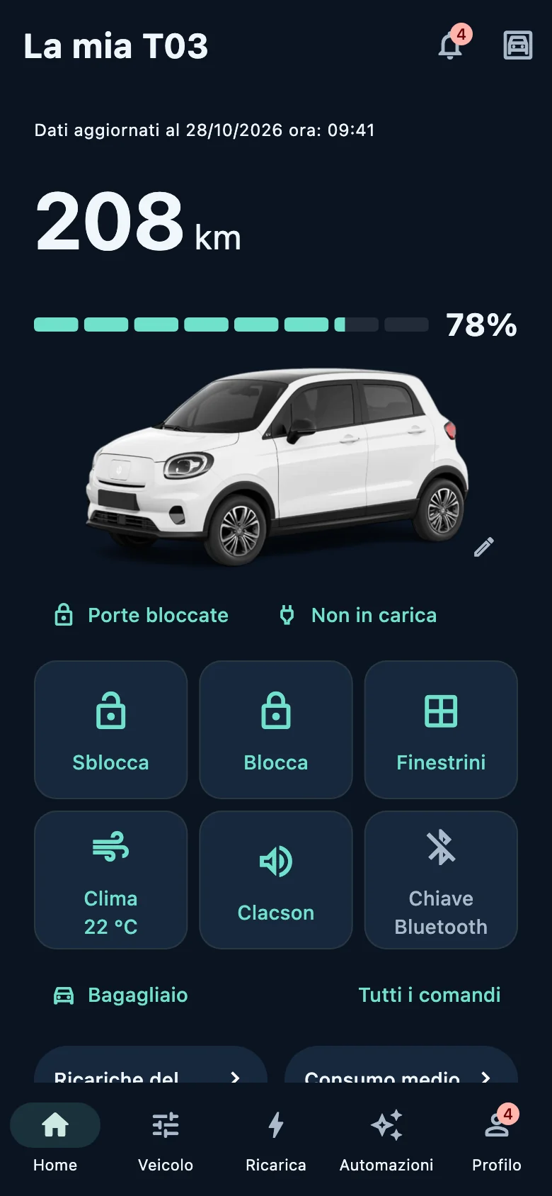 Home di LeapBetter: autonomia, batteria, comandi e riepilogo delle spese, con dati dimostrativi.